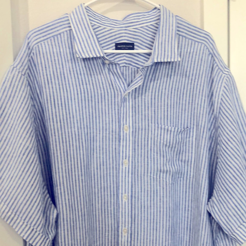 French Connection Men's Blue Striped Linen Button-Down Shirt